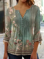 Spring Summer New Printed Studded T-shirt Irregular Three-quarter Sleeve Top
