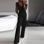 Women's Sexy Solid Color Deep V-Neck Tulle & Sequin Straight Leg Jumpsuit With Pockets For Spring&Summer Wear