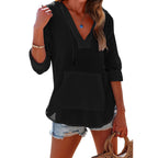 V-neck Hooded Shirt With Pockets Fashion Sports Long-sleeved Split Shirts Tops For Women Clothing