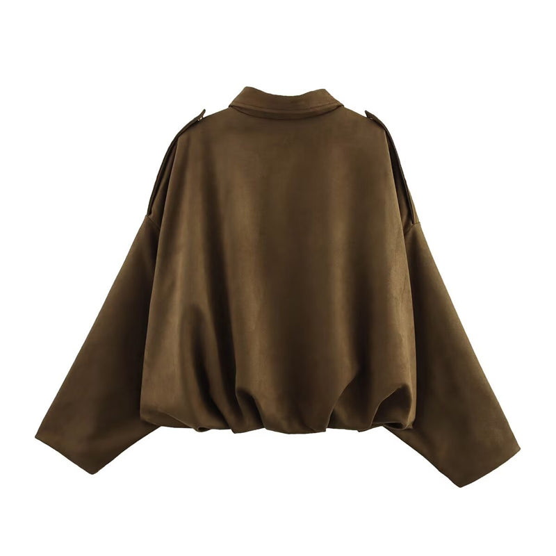 Women's Solid Color Notch Lapel Batwing Sleeve Zip-Up Jacket - Casual Pilot Style Cropped Top