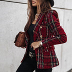 Women's Elegant Checkered Long Sleeve Blazer - Double-Breasted Printed Trench Coat For Fall&Winter, Office & Casual Jacket