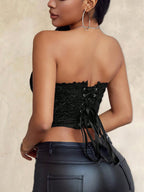 Women's Floral Lace Corset Top Gothic Sexy Lace Up Strapless Tube Tops Backless Party Corset Cropped