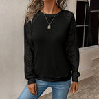 Women's Lace Waffle Knit Blouse, Long Sleeve Crewneck Business Casual Top