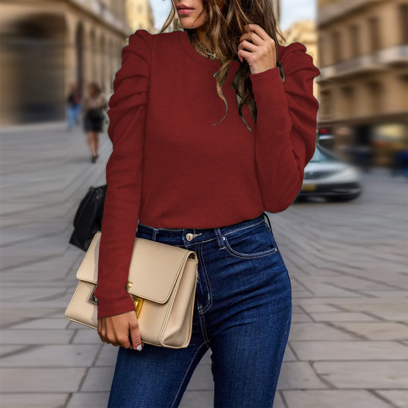 Women's Elegant Puff Sleeve Top, Ruffle Detail Long Sleeve Knit Blouse For Autumn And Winter