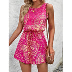 Women's Summer Casual Shorts Jumpsuit Allover Print Sleeveless Tank Top Rompers With Waist Tie