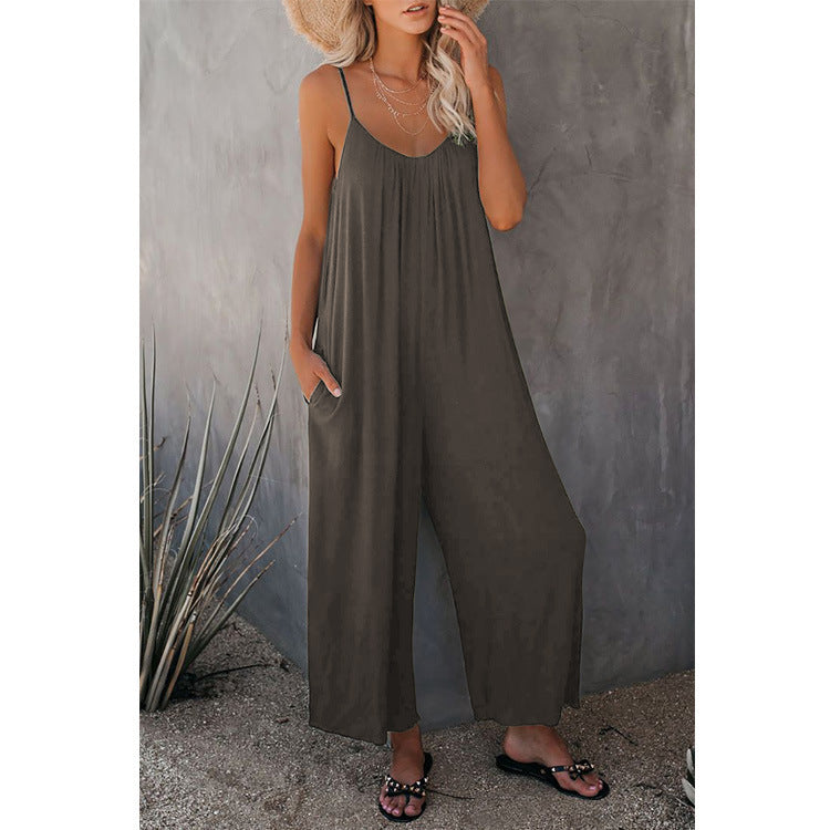 Women's Fashion Solid Color Pocket Loose Casual Sling Jumpsuit