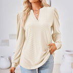 Women's Puff Sleeve V-Neck Blouse, Loose Long Sleeve Casual Work Top