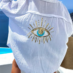 Women's Oversized Button-Down Shirt With Sparkling Eye Print On Back Long Sleeve Blouse For Spring And Fall