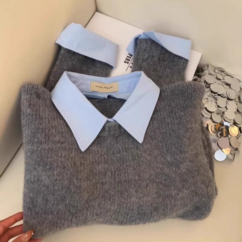 Women's Elegant Fake Two-Piece Sweater, Collared Long Sleeve Pullover With Button Detail For Versatile Layering