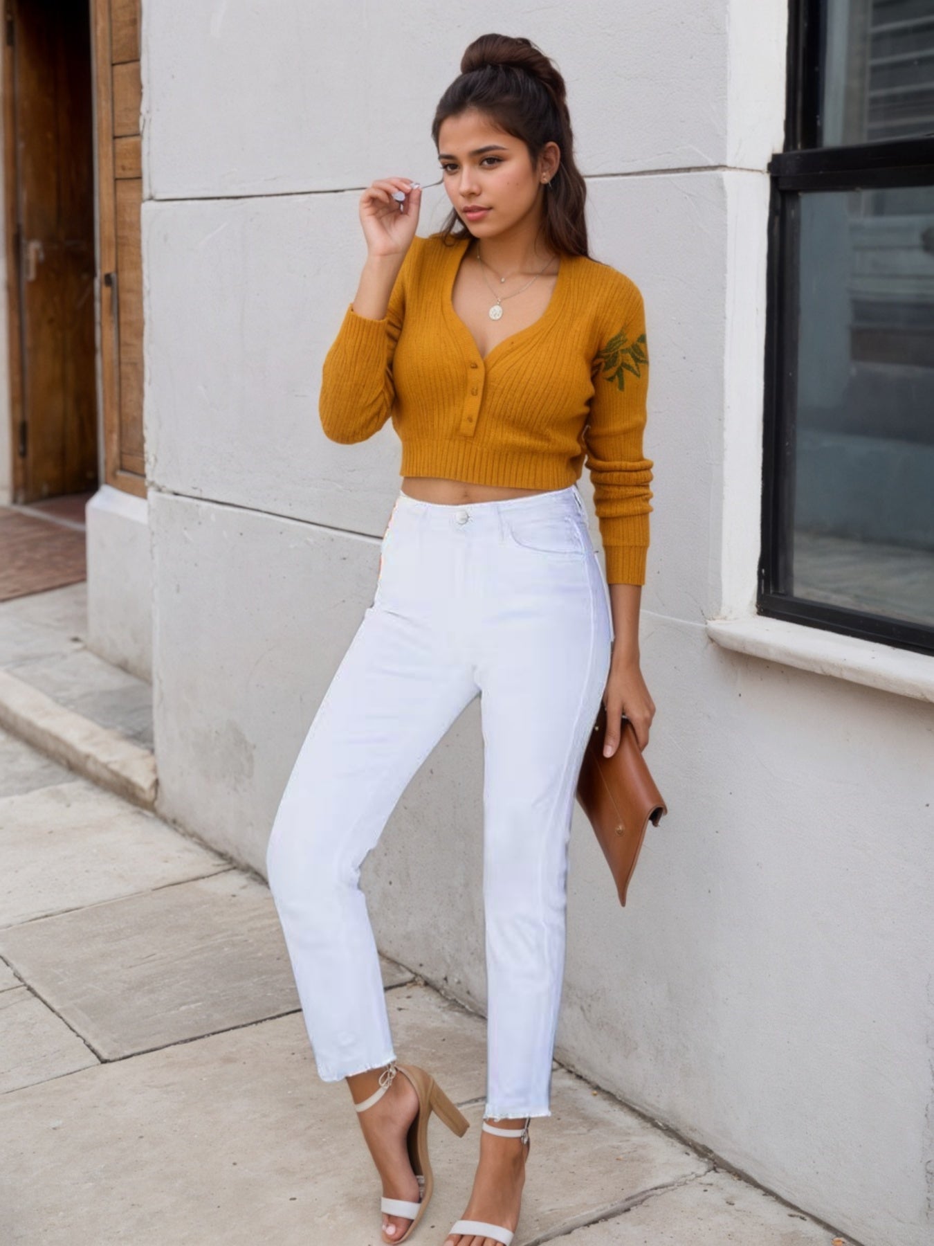 Women's New Fringed Pure White Jeans, Blended Fabric, Slim Fit Fringed Design, Beveled Pocket, Suitable For Outdoor Work, Can Be Worn All Year Round