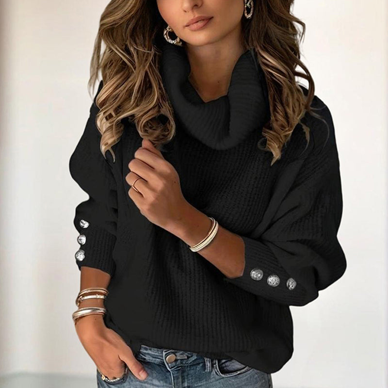 Women's Solid Color High-Neck Sweater - Button Cuff Detail, Cozy Fall&Winter Loose-Fit Top