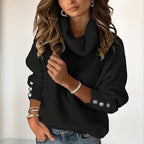 Women's Solid Color High-Neck Sweater - Button Cuff Detail, Cozy Fall&Winter Loose-Fit Top