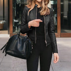 Women's Solid Color Long Sleeve Stand Collar Faux Leather Blazer - Single Button Zippered Jacket For Fall&Winter