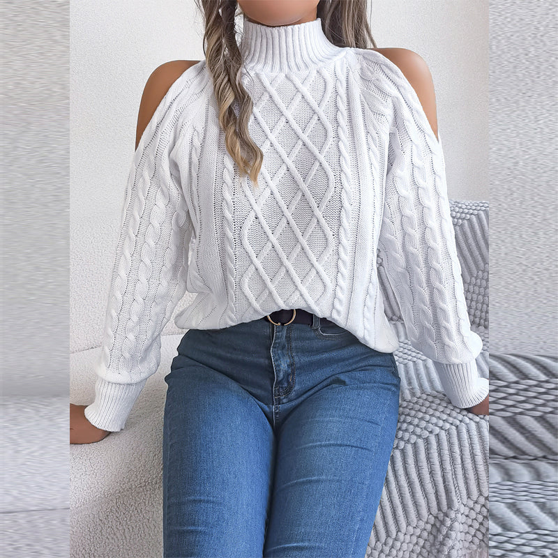Women's Solid Color Off-Shoulder Cable Knit Sweater, High Neck Long Sleeve Pullover For Spring And Fall