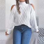 Women's Solid Color Off-Shoulder Cable Knit Sweater, High Neck Long Sleeve Pullover For Spring And Fall