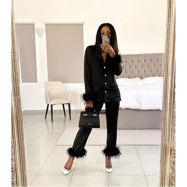 Ladies Solid Color Suit Lapel Top Feather Trousers