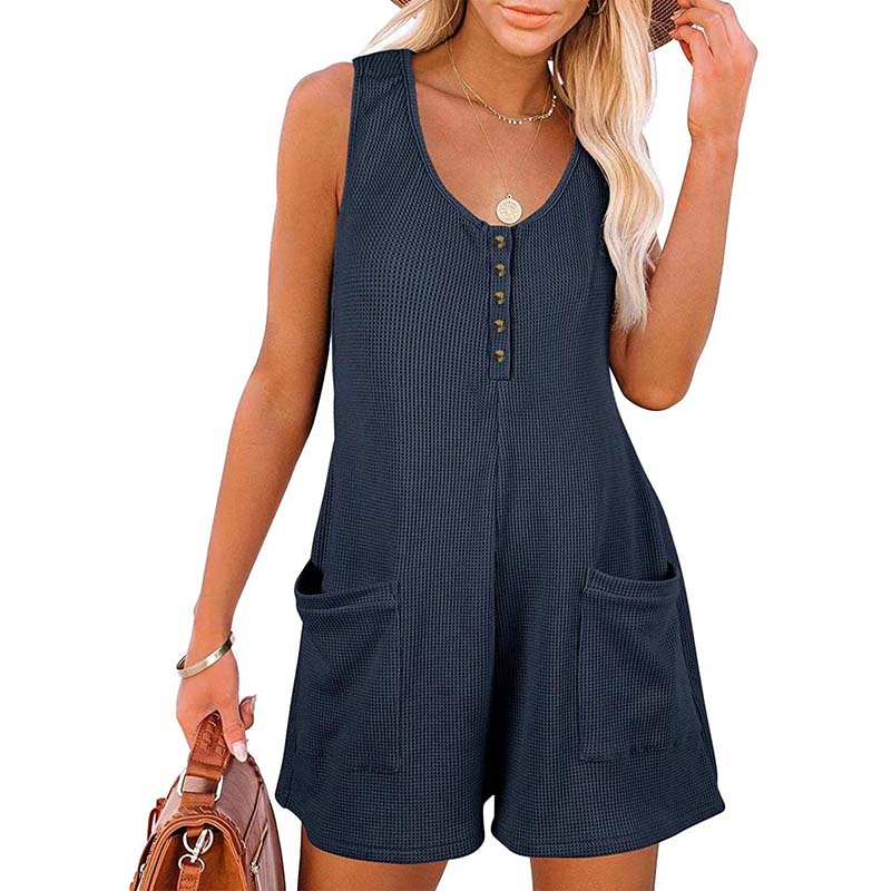 Women's Button Front Romper Jumpsuit With Pockets Casual Solid Color Sleeveless Summer Jumpsuit