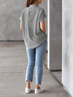 Elegant Plus Size Striped Blouse With Pocket - Casual Short Sleeve, Button-Up Collared Shirt For Women