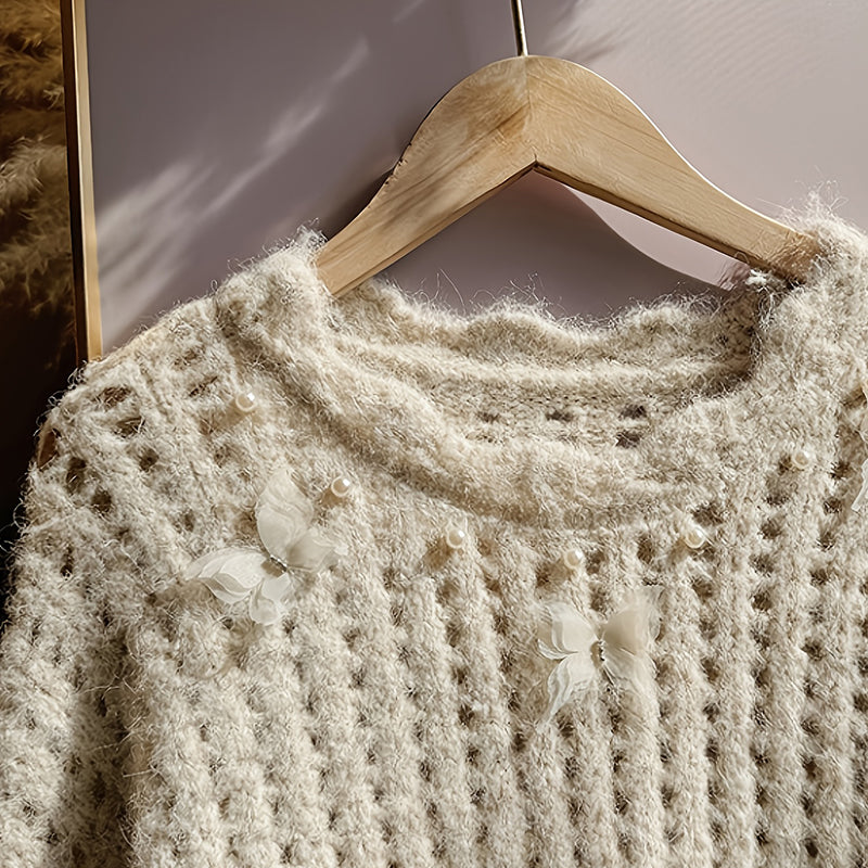 Plus Size Women's Solid Color Round Neck Long Sleeve Sweater Elegant Loose Fit With 3D Flowers And Lace Decoration