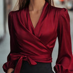 Women's Elegant Solid Color V-Neck Satin Long Sleeve Blouse, Tie Waist Professional Office Shirt For Spring Autumn
