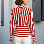 Elegant Women's Striped Tie-Waist Blouse, High Neck Long Sleeve Shirt With Cut-Out Detail