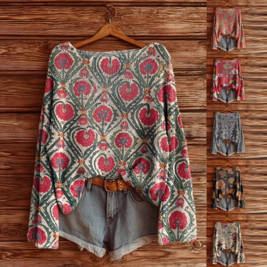 Women's Printed Loose Retro Long-sleeved Brushed Top