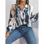 Women Fashion Button Down Shirts V Neck Printed Long Sleeve Blouses Dressy Casual Fall Tops