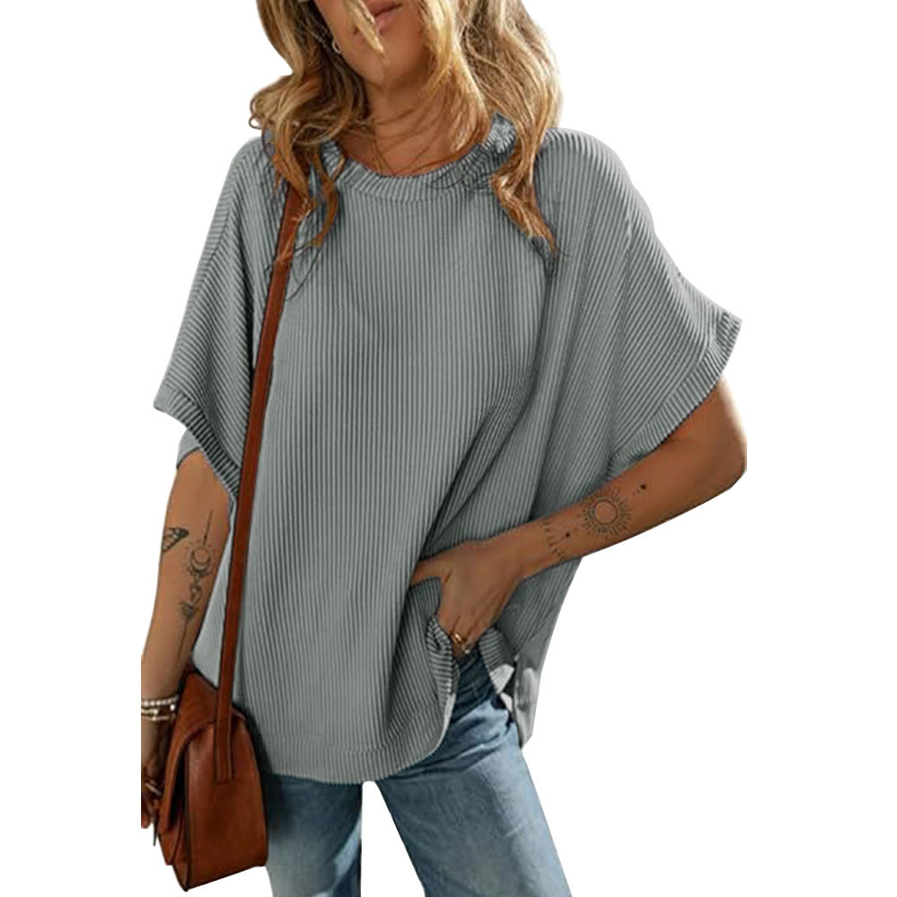 Women's Solid Color Knitted T-shirt Loose Casual Pullover