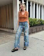 Women's Boho Floral Print Wide Leg Jeans, Mid-Rise Cropped Denim With All-Over Flower Pattern, Casual Summer Pants