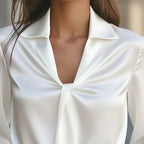 Women's Elegant Solid Color Satin Ruffle Blouse, V-Neck Long Sleeve Shirt For Daily Wear And Dates
