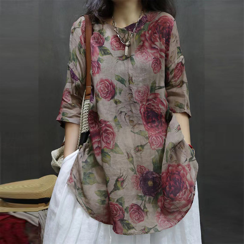 Women's Soft Printed Mid-Sleeve Top Casual Round Neck Tunic For Spring And Summer