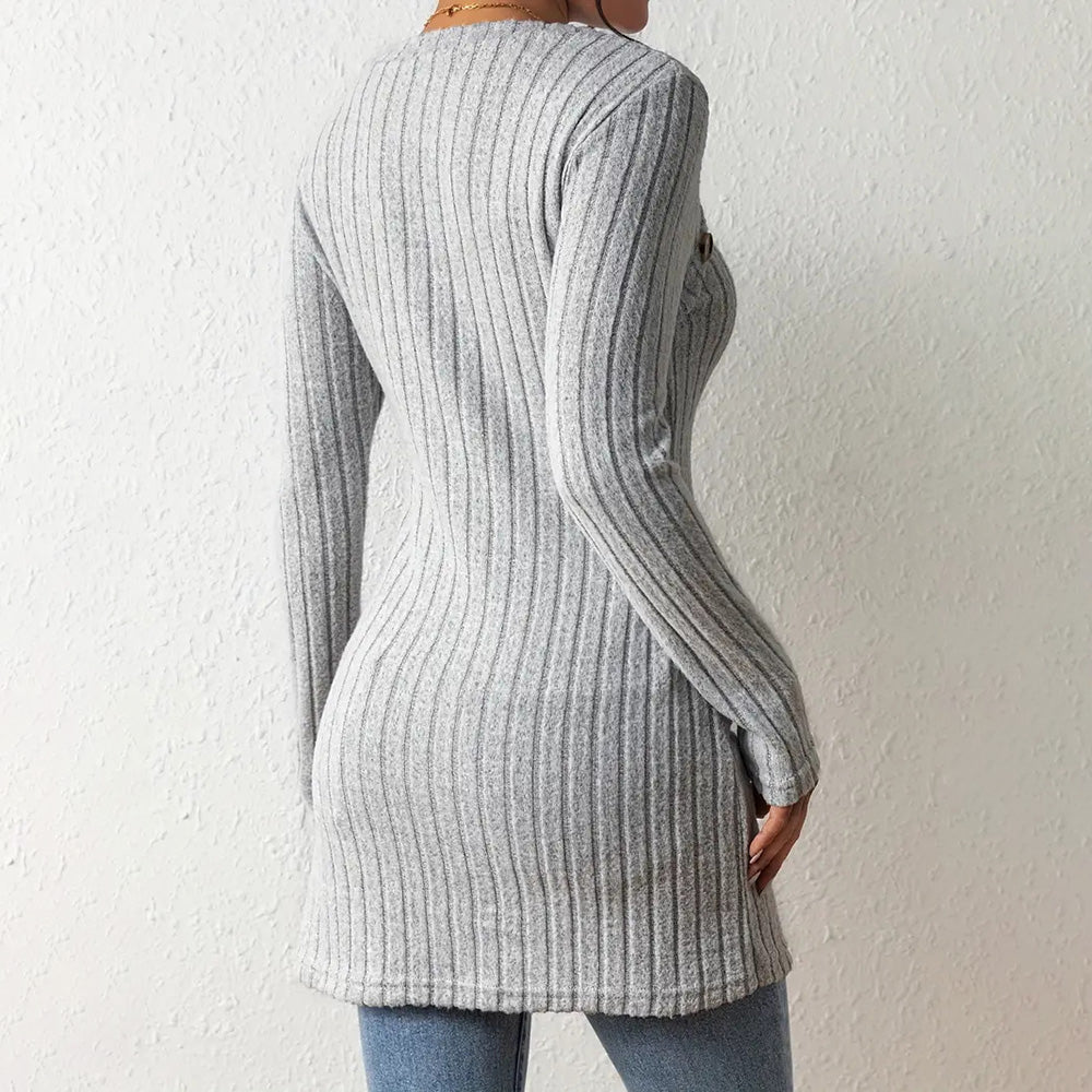 Elegant Women's Solid Color Slim-Fit Long Sleeve Top - Square Neck & Button Detail With Asymmetric Hem, Casual Fall&Spring Blouse