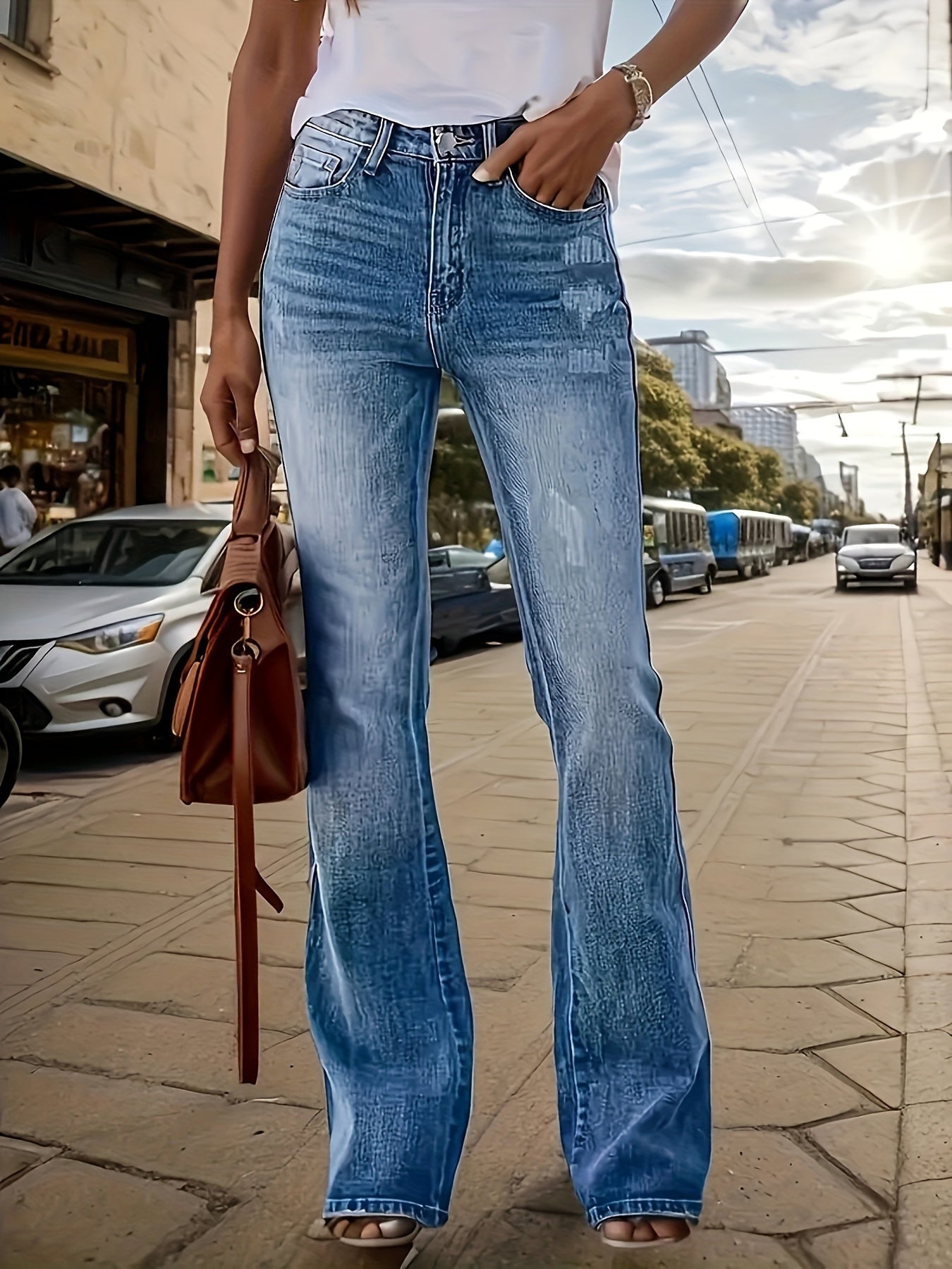 Women's High-Waisted Stretch Skinny Flare Jeans - Vintage Street Style, Distressed Denim With Button And Zipper Fly Closure - Comfortable Blend Casual Pants For Casual Attire