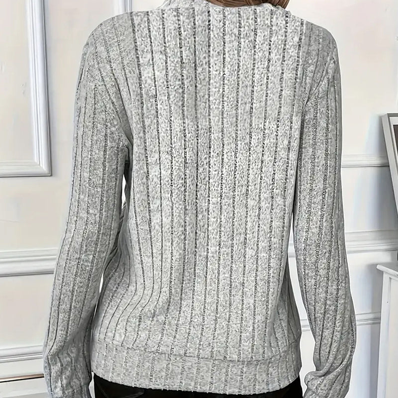 Women's Elegant Half-Zip Knit Sweater Round Neck Long Sleeve Pullover For Solid Color Casual Wear