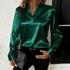 Women's Elegant Solid Color V-Neck Blouse, Button Cuff Long Sleeve Wrinkle Resistant Office Shirt