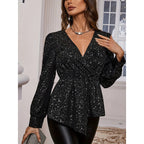 Womens Sparkly Tops Shiny Long Sleeve Ruched Asymmetrical Hem Sparkle Blouses Cocktail Party Evening Shirts