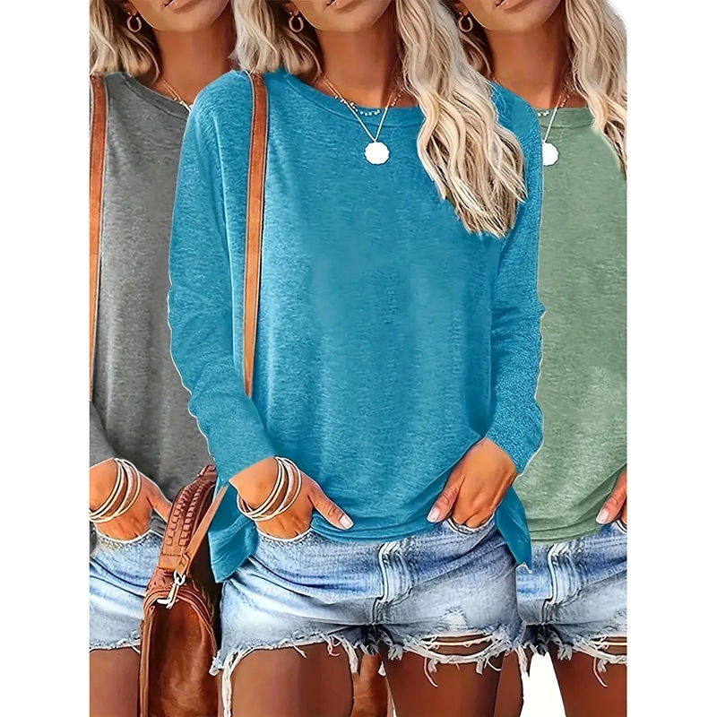 3 Pack Womens Plus Size Long Sleeve Shirts Crew Neck Basic Tee Tops Loose Fit Fall Outfits For Women 1X-5X