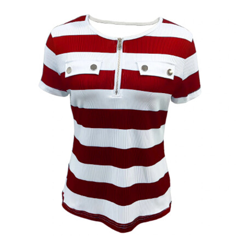 Women's Color Block Short Sleeve T-Shirt Striped Zipper Front Top Casual Summer Blouse Tee