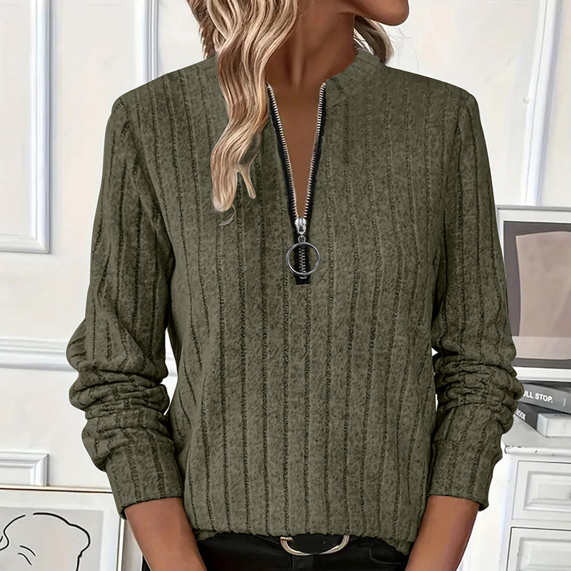 Women's Elegant Half-Zip Knit Sweater Round Neck Long Sleeve Pullover For Solid Color Casual Wear