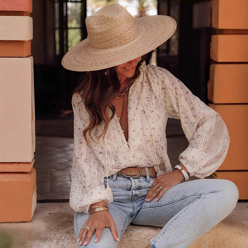 Boho Chic Women's Blouse, Floral Print V Neck Lantern Sleeve Sheer Top For Elegant Casual Wear