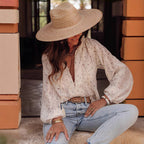 Boho Chic Women's Blouse, Floral Print V Neck Lantern Sleeve Sheer Top For Elegant Casual Wear