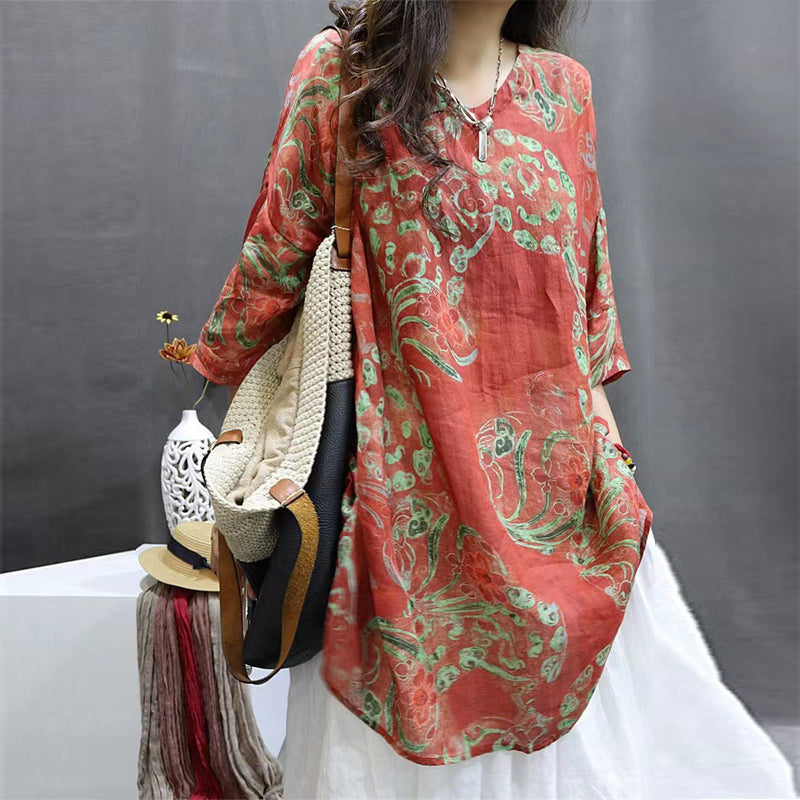 Women's Soft Printed Mid-Sleeve Top Casual Round Neck Tunic For Spring And Summer