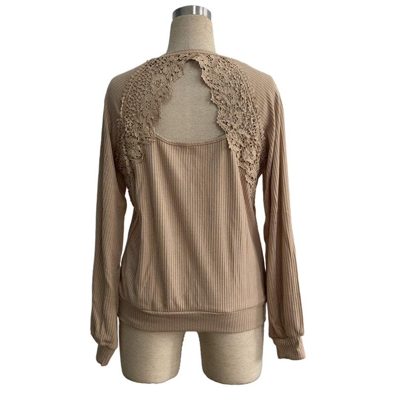 Women's Lace Open Back Top Long Sleeve V-Neck Dressy Casual Shirt For Fall