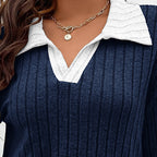 Plus Size Lapel V-Neck Top, Lightweight Long Sleeve Casual Going Out Blouse