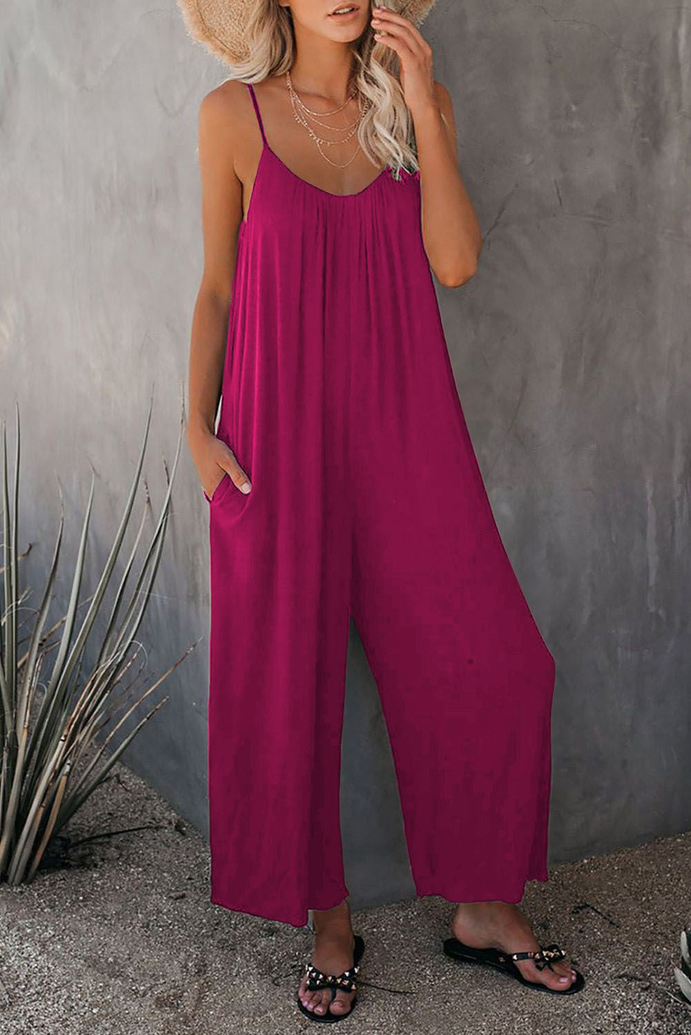 Women's Fashion Solid Color Pocket Loose Casual Sling Jumpsuit