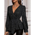 Womens Sparkly Tops Shiny Long Sleeve Ruched Asymmetrical Hem Sparkle Blouses Cocktail Party Evening Shirts