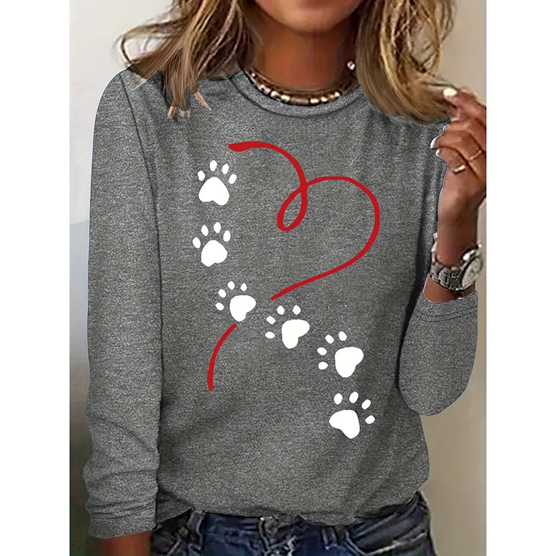 Women's Heart & Dog Paw Print T-shirt, Cute Crew Neck Long Sleeve Top For Spring & Fall
