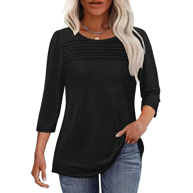 Women's 3-Pack 3 4 Sleeve Tunic Tops, Round Neck Pleated Blouse, Dressy Casual Shirts For Spring Summer Fall