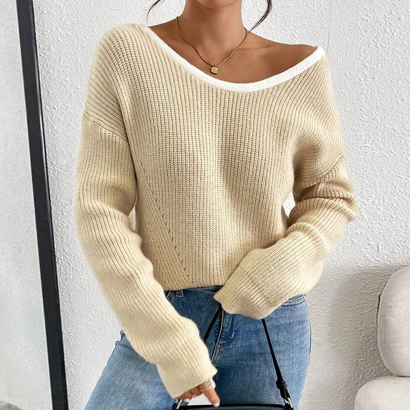 Women's Bow Sweater Long Sleeve Top, Open Back Crew Neck Split Pullover, Fall Trendy Going Out Sweater