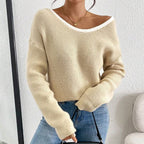 Women's Bow Sweater Long Sleeve Top, Open Back Crew Neck Split Pullover, Fall Trendy Going Out Sweater